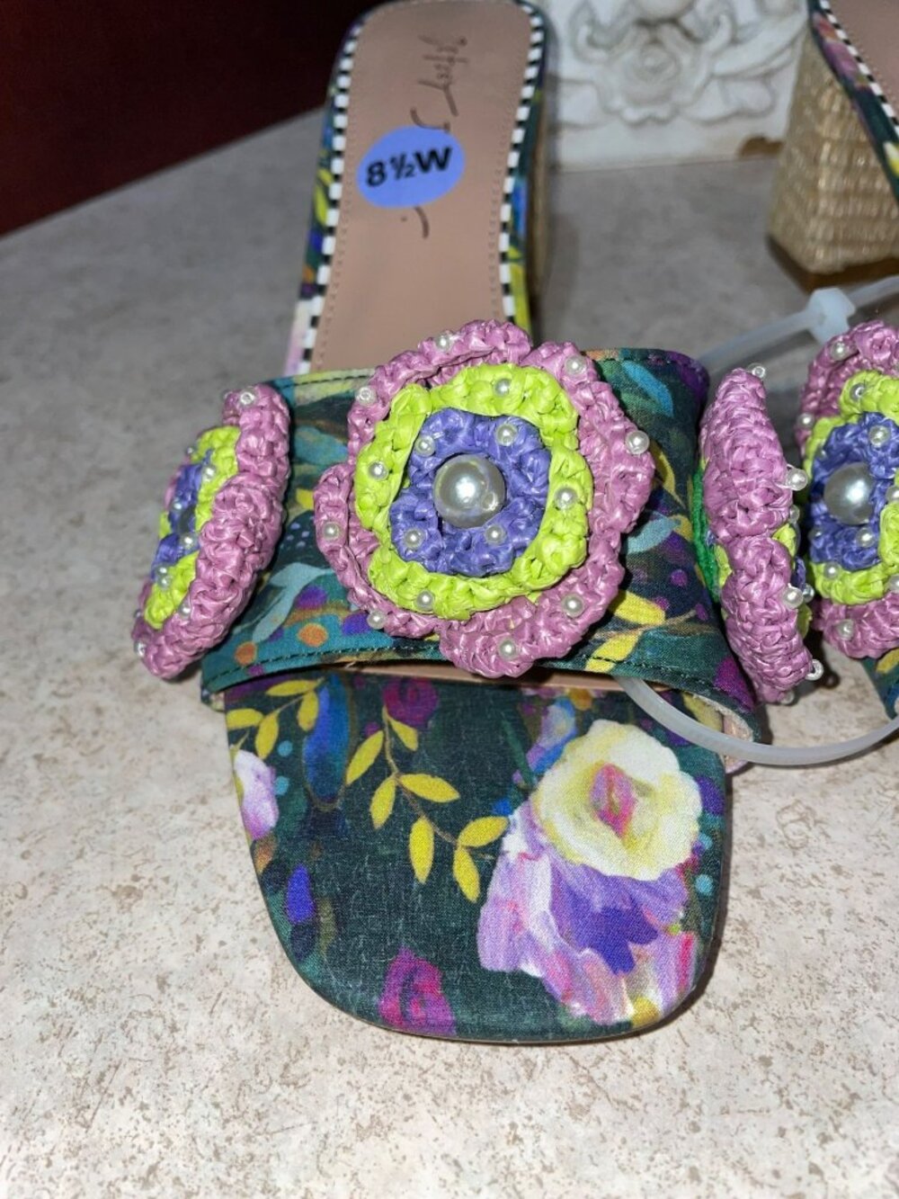 Betsey Johnson Floral & Crochet Embellished Sandals With Raffia Block Heel Size - Picture 7 of 10